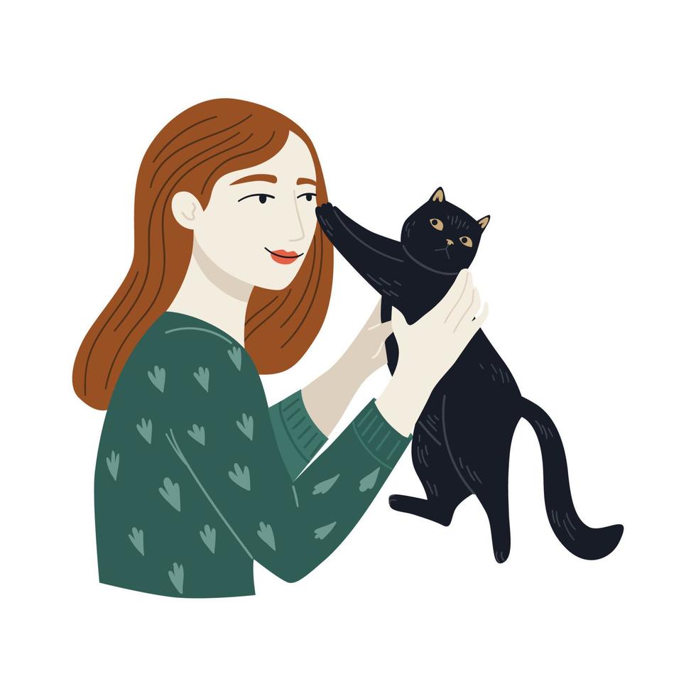 Black Cat pushes off with its paws. Young girl, happy pet owners. Vector cute cheracter design. Cartoon illustration