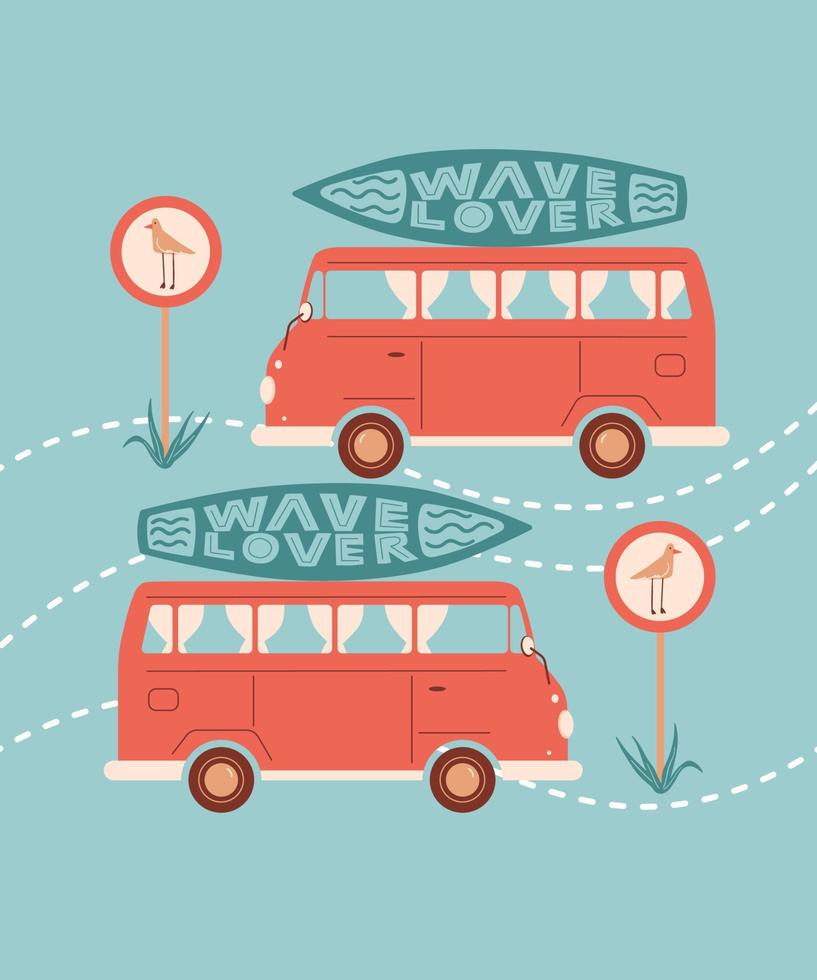 ilustración vectorial de dibujos animados de verano con coche o autobús, tabla de surf, señal de carretera con pájaro o gaviota y amante de las olas con letras. para impresión, póster y tarjeta. vector