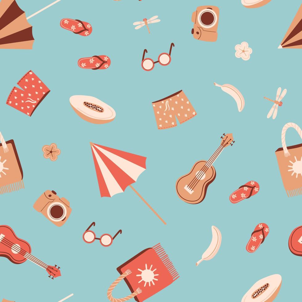 Seamless summer pattern with umbrella, photo camera, coconut cocktail, unicorn-shaped swimming circle, donut and avocado. Vector illustration