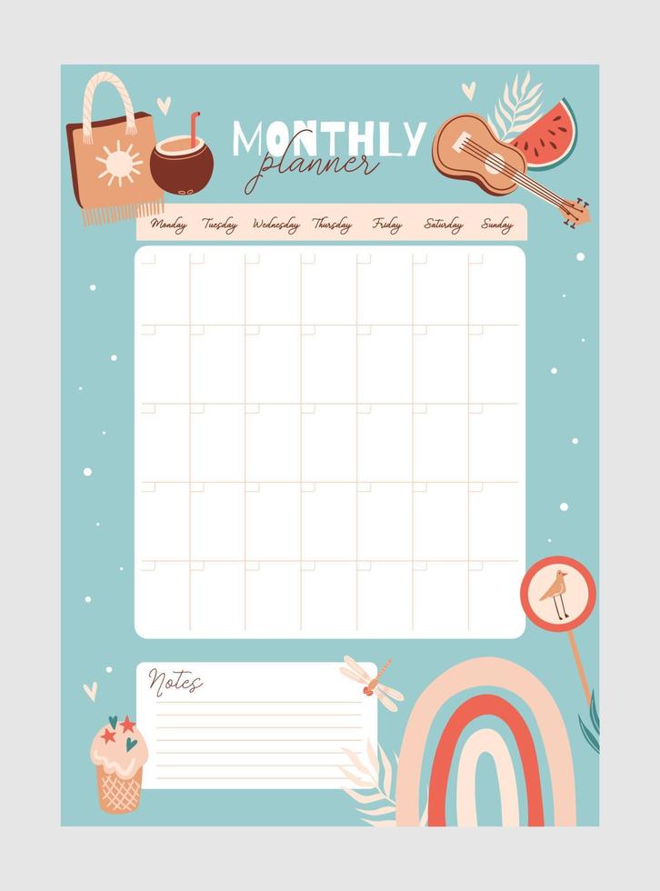 Weekly and daily Planner template.  Schedule with Notes and To Do List with summer items. Vector illustration