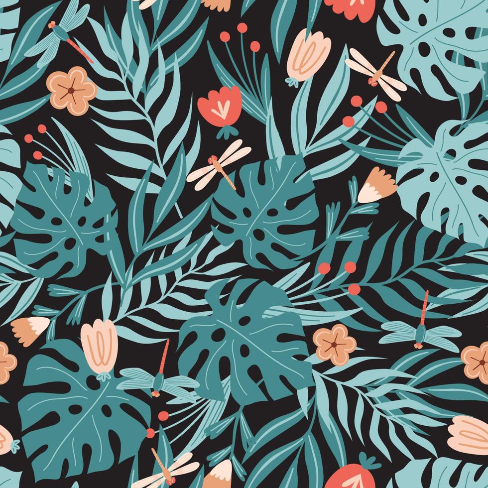 Seamless summer pattern with monstera and palm leaf,  fern, dragonfly, plants and flowers.  Vector illustration on black background
