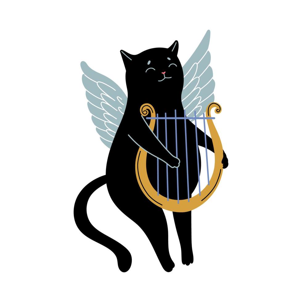 angel cupido gato negro con lira vector