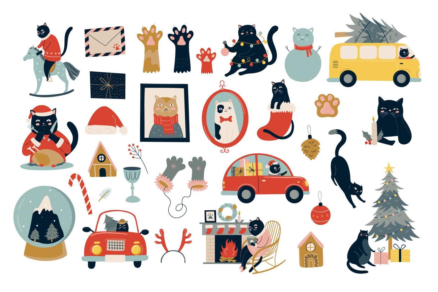 Bundle of black cats celebrating Christmas. New Year set with home decorations, wreath, gift, candles, car with Christmas tree vector