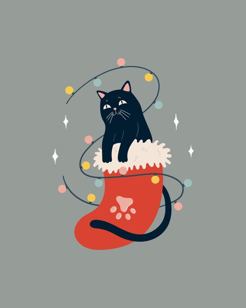 gato negro en un calcetín de navidad y guirnalda. ilustración de navidad y año nuevo, tarjeta de felicitación vector