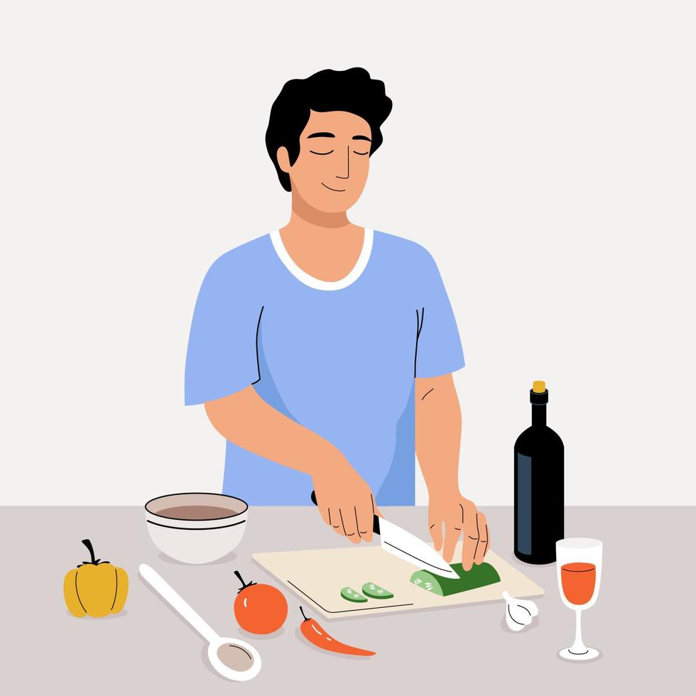 Vector young man cooks in the kitchen. Cartoon boy cutting vegetables for salad at home. Doodle  character Illustration