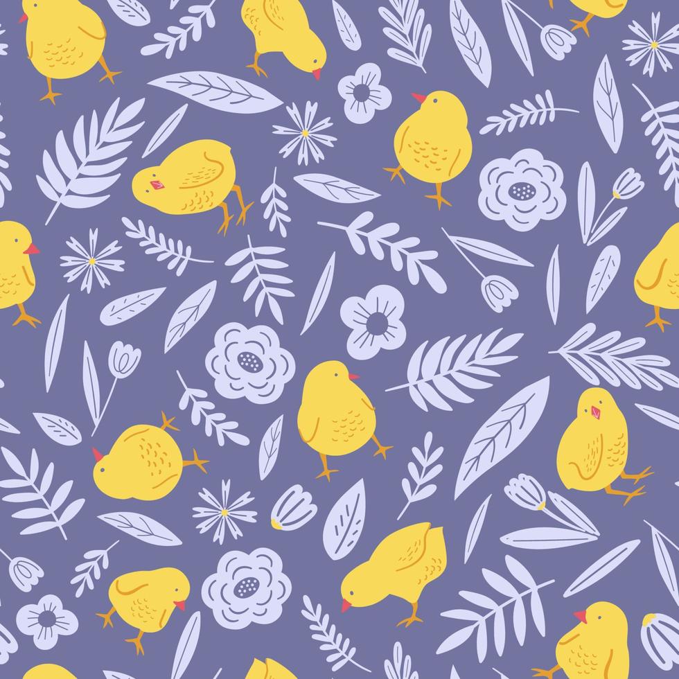 Seamless pattern with chicken and spring flowers for Easter. Vector design perfect for fabric, textile, wrapping paper, wallpaper and print.