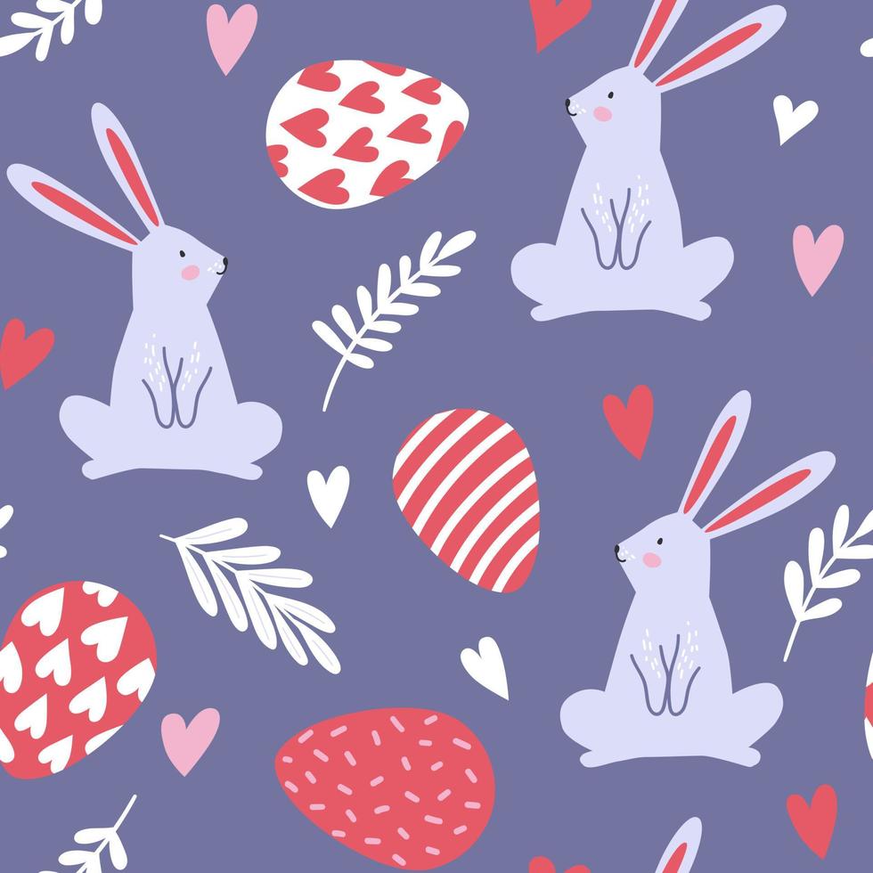 Seamless pattern with bunnies, rabbit, eggs, hearts and plants for Easter. Vector design perfect for fabric, textile, wrapping paper, wallpaper and print.
