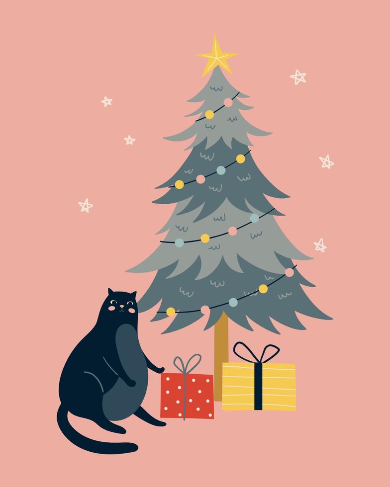 Cute black cat with Christmas tree and gifts. Merry Christmas and New Year illustration, greeting card vector