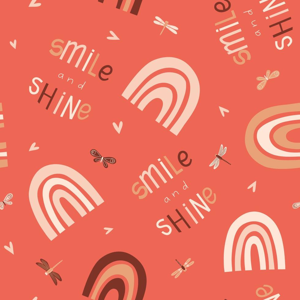 Seamless summer pattern with dragonfly, heart and lettering Smile and shine.  Vector illustration for fabric, wrapping paper, wallpaper, textile, background