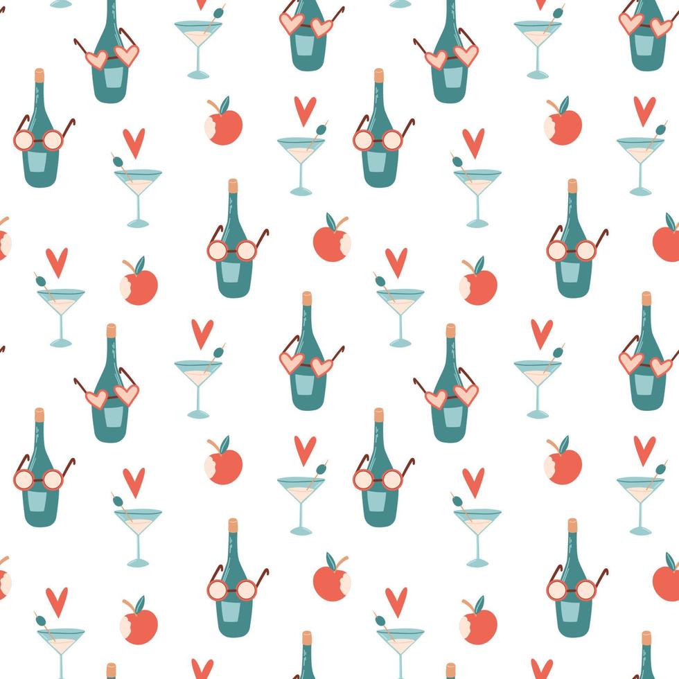 Seamless summer pattern with cocktail, apple, sunglasses, bottle and heart. Vector illustration for fabric, wrapping paper, wallpaper, textile, background