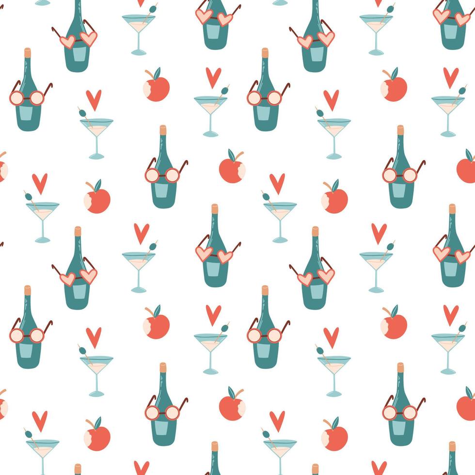 Seamless summer pattern with cocktail, apple, sunglasses, bottle and heart. Vector illustration for fabric, wrapping paper, wallpaper, textile, background