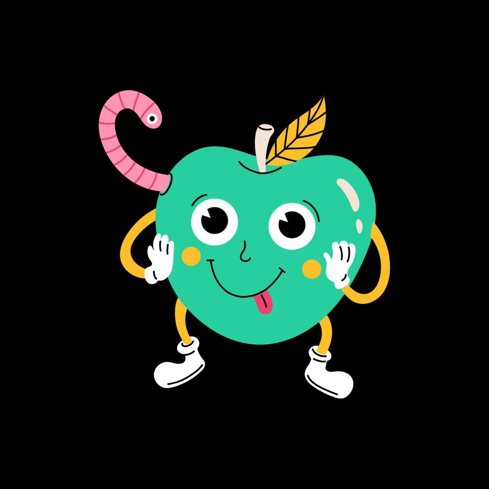 Retro 30s cartoon and comics character face. Traditional vintage green apple or wormy apple illustration on black background vector