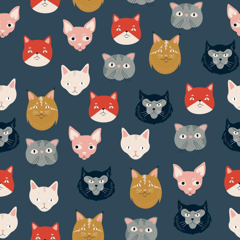 Seamless pattern with different cat faces and portraits vector