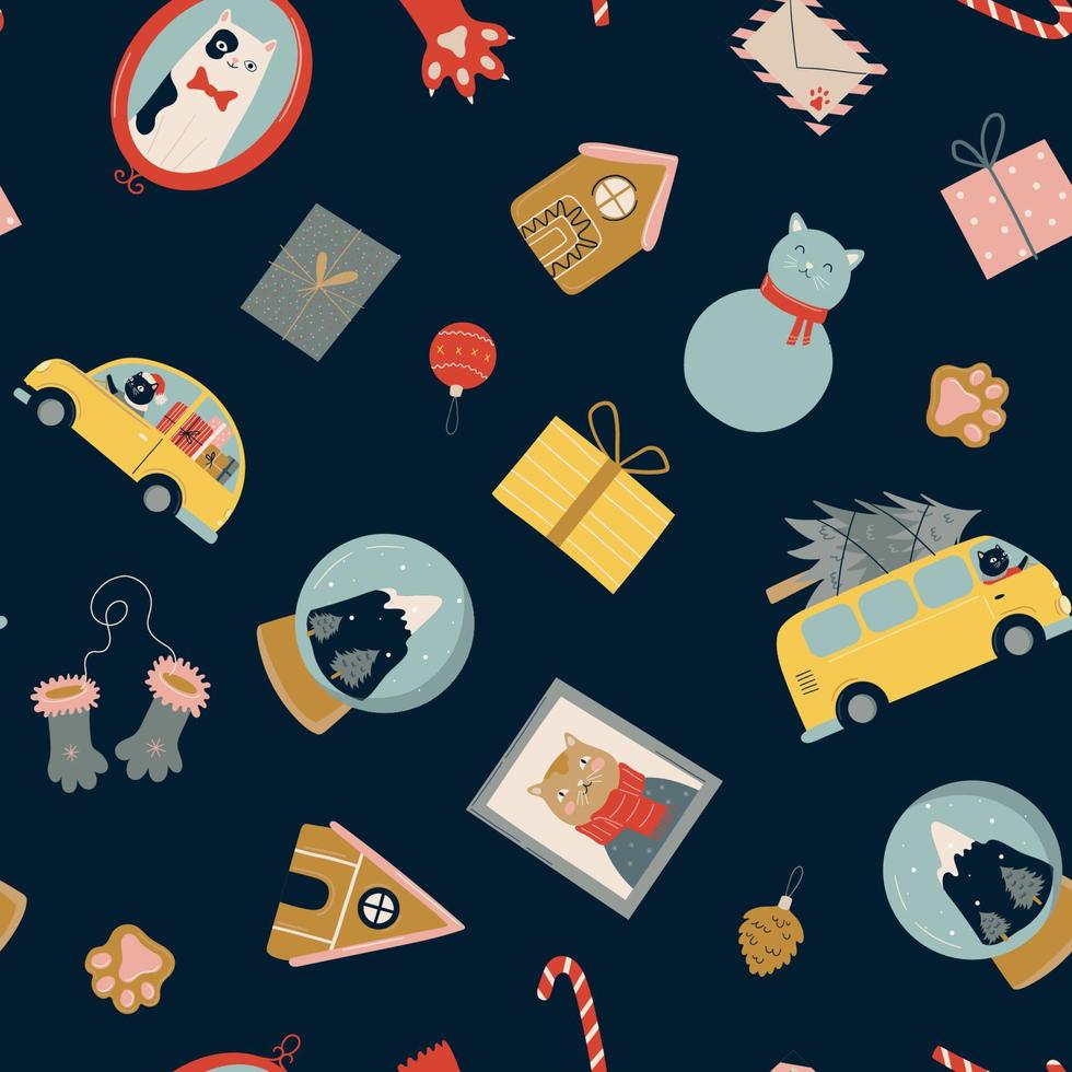 Seamless pattern with Christmas and New Year decor, elemets, gift, tree, gingerbread, snow globe, cats vector