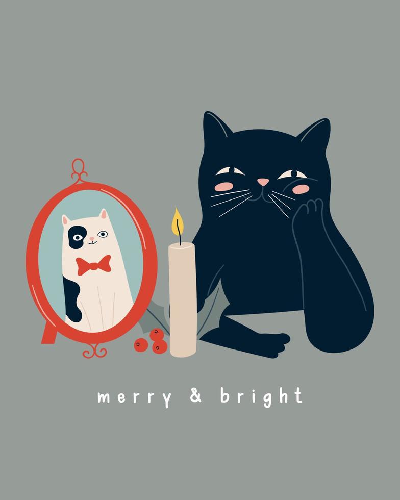 Cute black cat with framed photo, candle and mistletoe. Christmas and New Year illustration, greeting card vector
