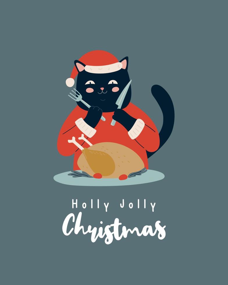 Cute black cat eating grilled chicken. Merry Christmas and New Year illustration, greeting card vector