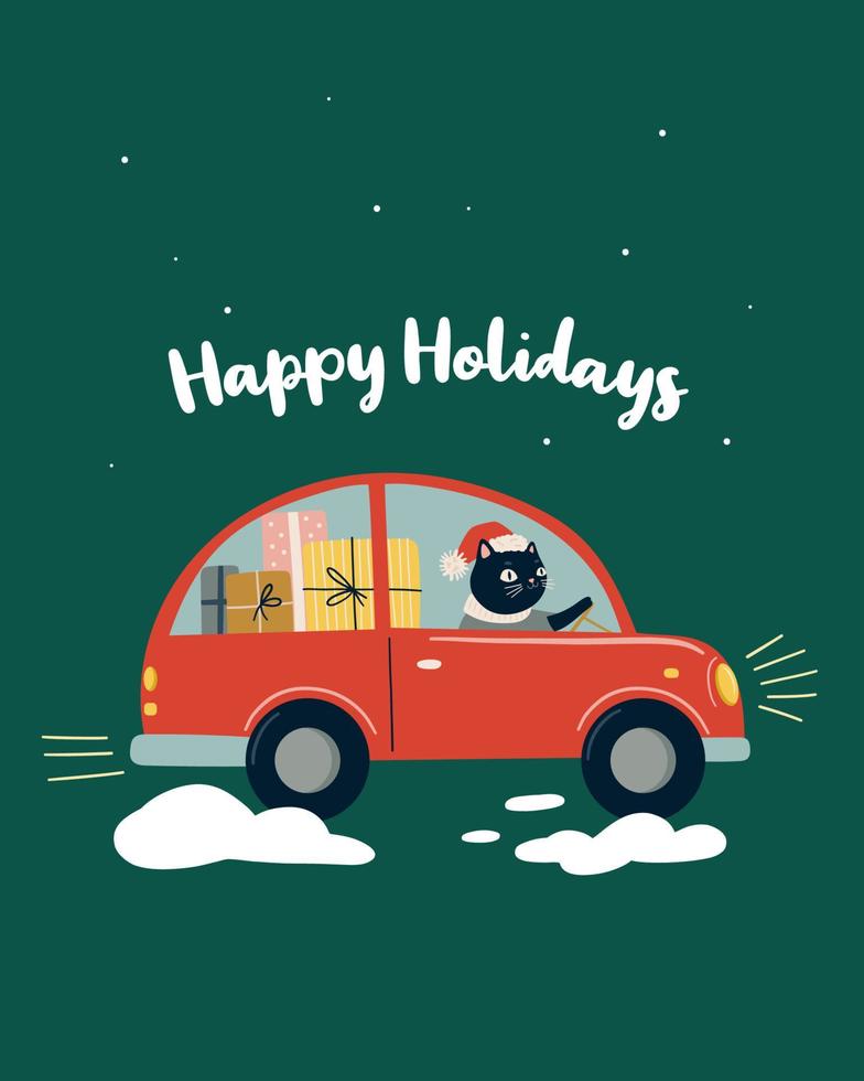 Black cat carries gifts in a red car. Christmas and New Year illustration, greeting card vector