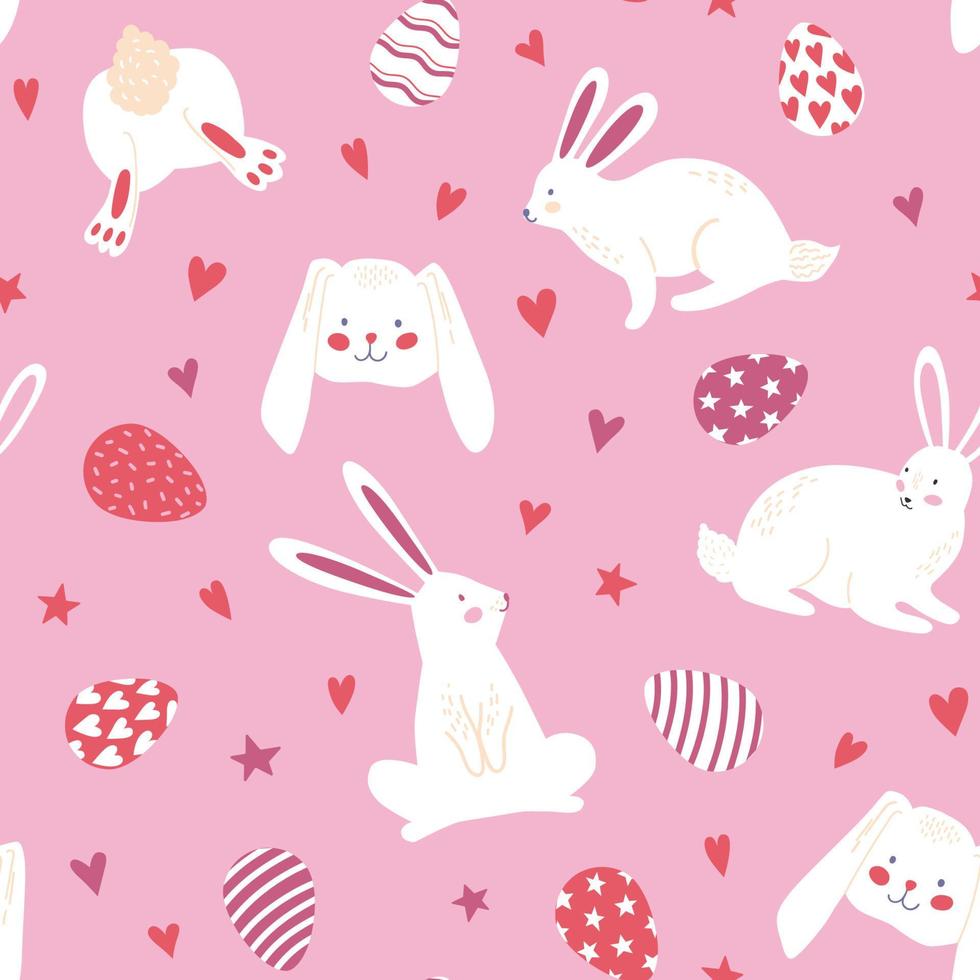 Seamless pattern with bunnies, rabbit, eggs,  and heart for Easter on pink background. Vector design perfect for fabric, textile, wrapping paper, wallpaper and print.