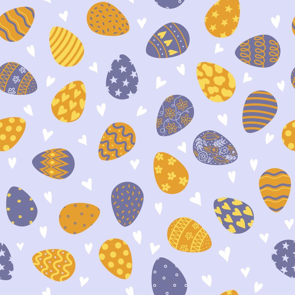 Seamless pattern with painted eggs and hearts for Easter. Vector design perfect for fabric, textile, wrapping paper, wallpaper and print.