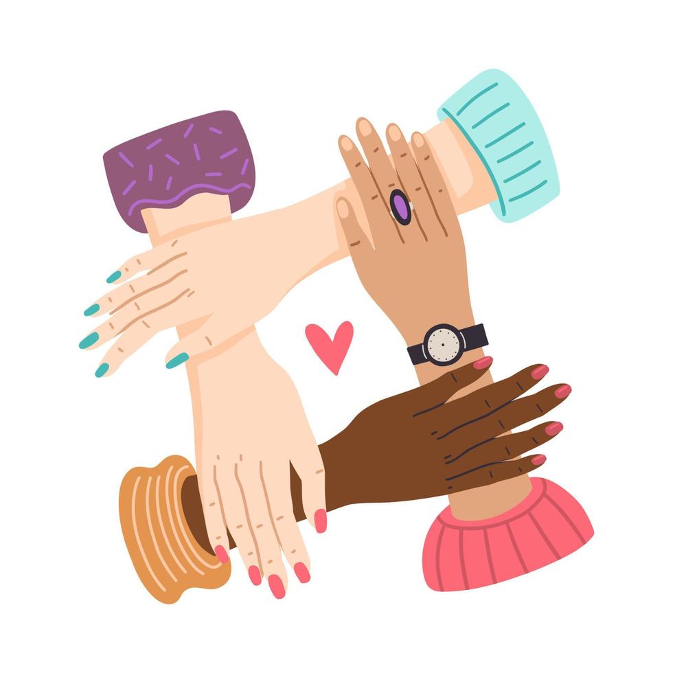 Women Hands holding together. Vector  Concept of girl power and sisterhood. Stronger together  Illustration