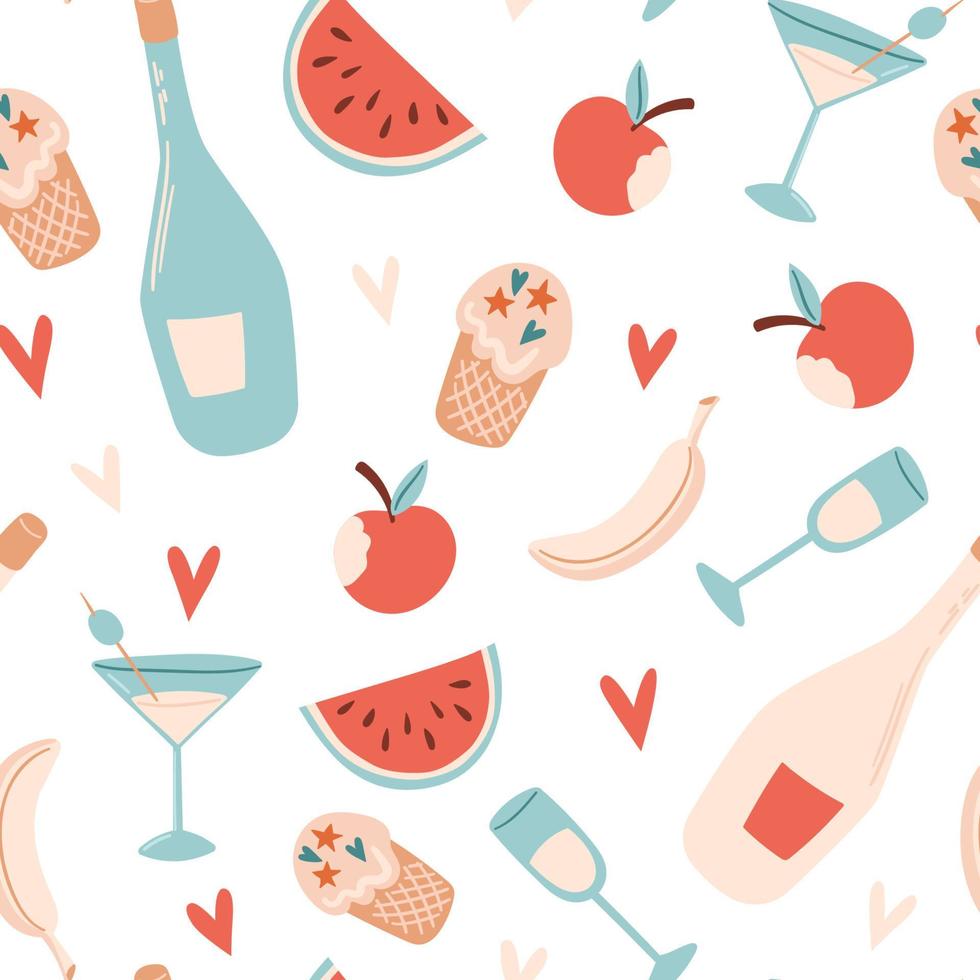 patrón de verano impecable con cóctel, manzana, botella, sandía, helado, plátano y corazón. ilustración vectorial para tela, papel de envolver, papel pintado, textil, fondo vector