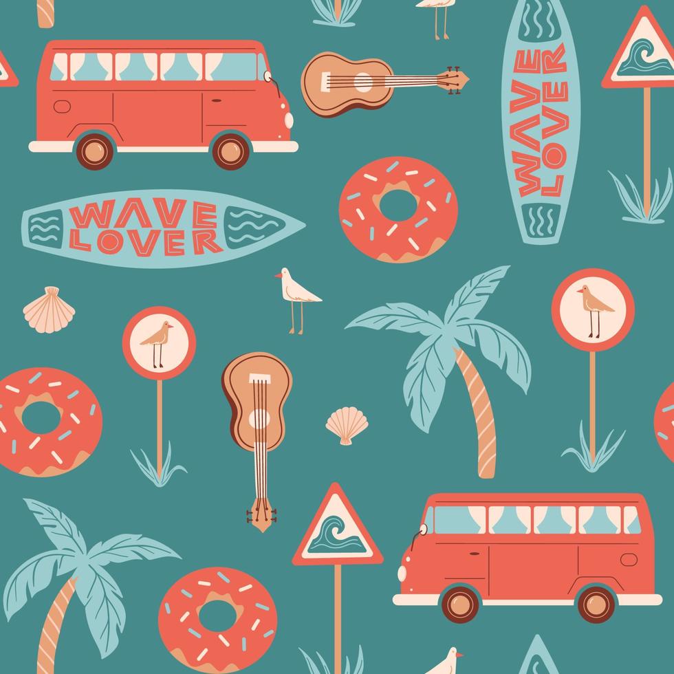 patrón de verano impecable con coche o autobús, tabla de surf, señal de tráfico con gaviota, ukelele, palma, concha y amante de las olas con letras. ilustración vectorial vector