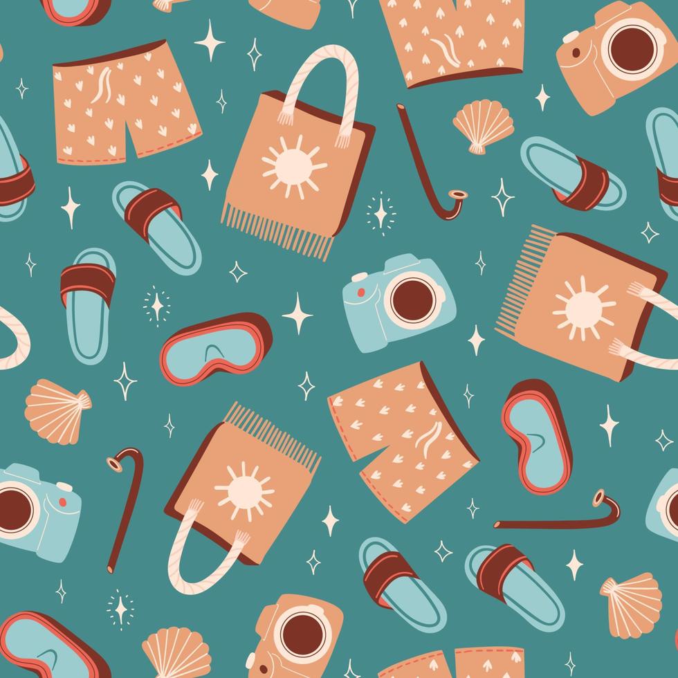 Seamless summer pattern with slippers or flip flops, swimming shorts and beach bag.  Vector illustration for fabric, wrapping paper, wallpaper, textile, background