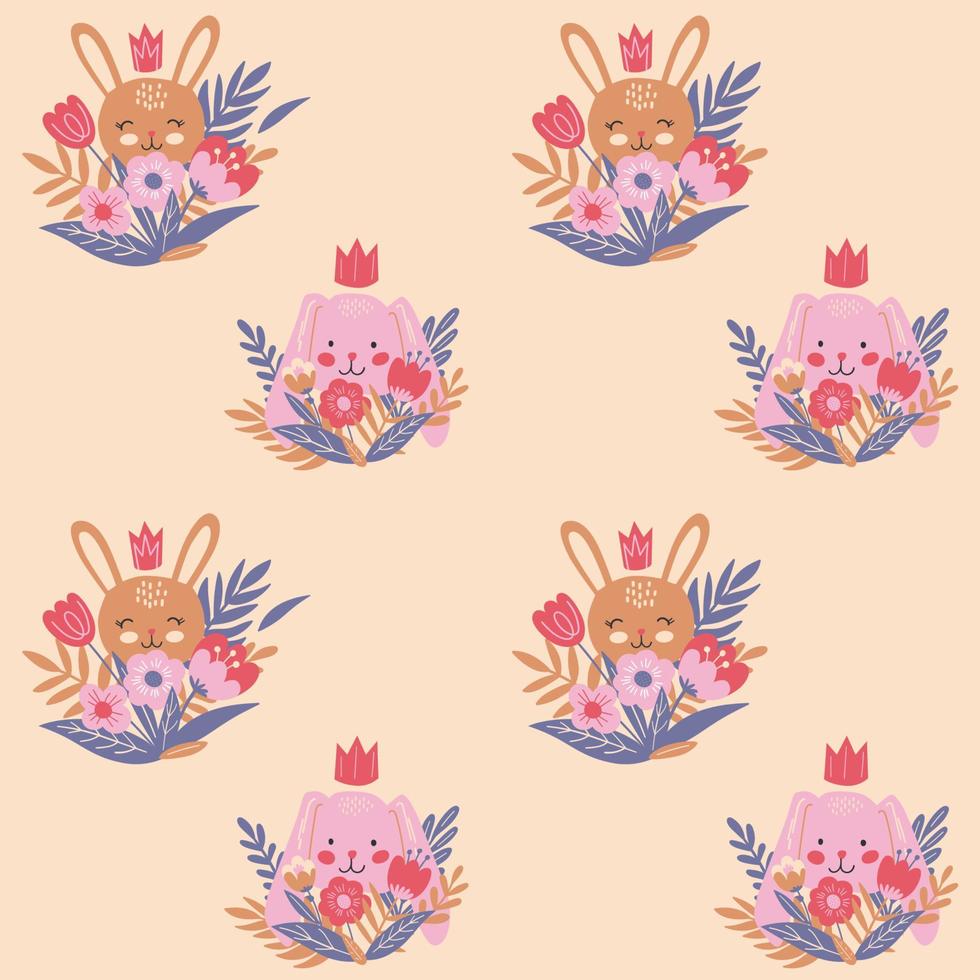 Seamless pattern with bunnies, rabbit, crown, spring flowers and plants for Easter. Vector design perfect for fabric, textile, wrapping paper, wallpaper and print.