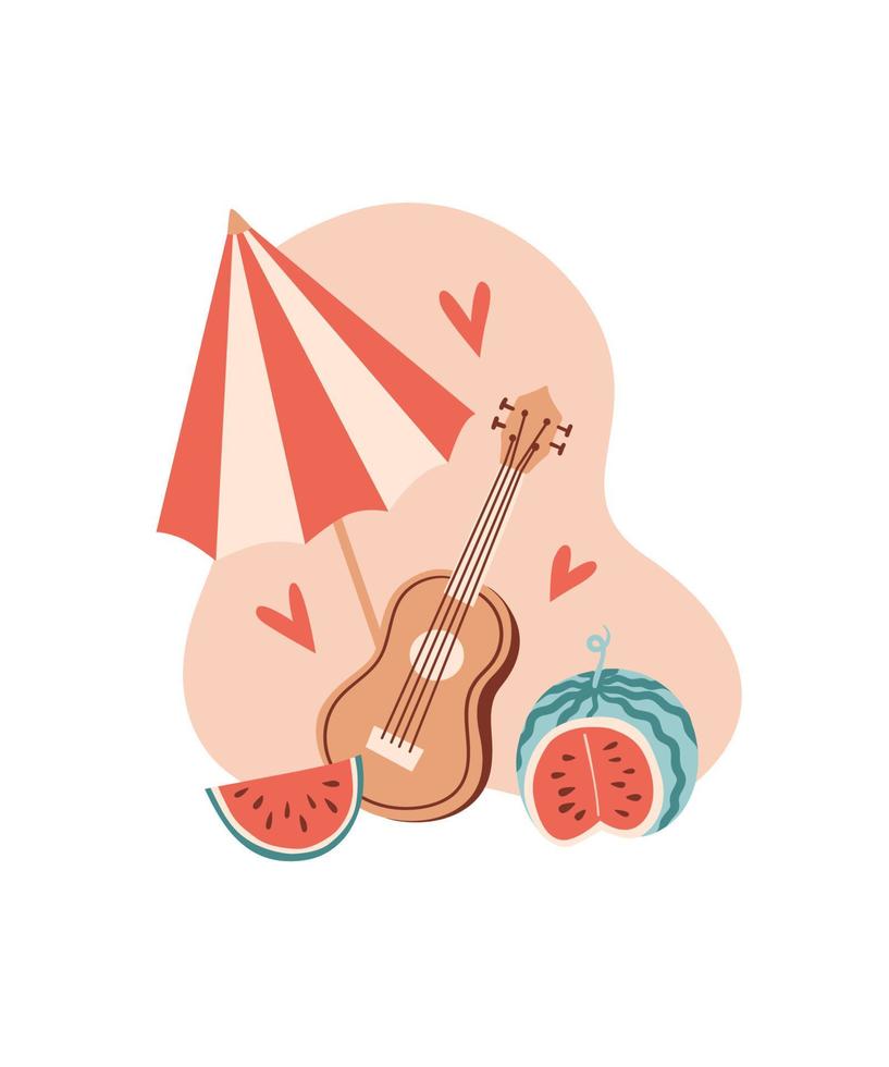 Vector summer cartoon illustration with watermelon, ukulele, umbrella and hearts. For print, poster and card.