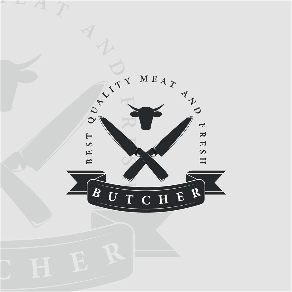 butchery logo vintage vector illustration template design. retro butcher shop label with crossed cleavers and knife concept