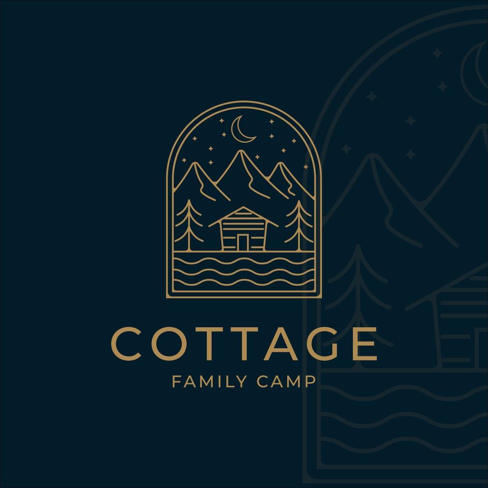 cottage or cabin line art minimalist simple vector logo illustration design. badge cottage at mountain in the river and lake line art logo concept minimalist simple icon illustration vector design