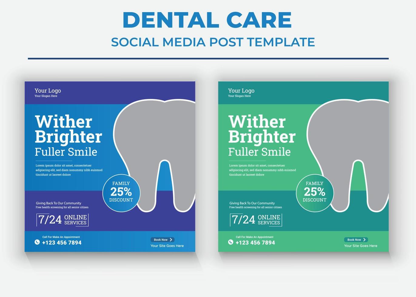 publicación de redes sociales dentales, plantillas de redes sociales de atención médica vector