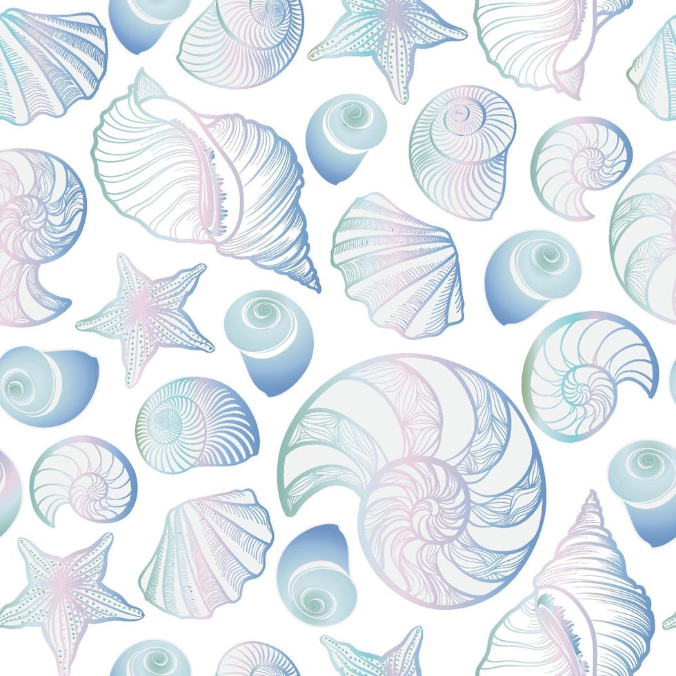 patrón sin costuras de concha marina. fondo marino de vacaciones de verano. papel tapiz de dibujo con textura ornamental bajo el agua con conchas marinas, estrellas de mar y arena. vector