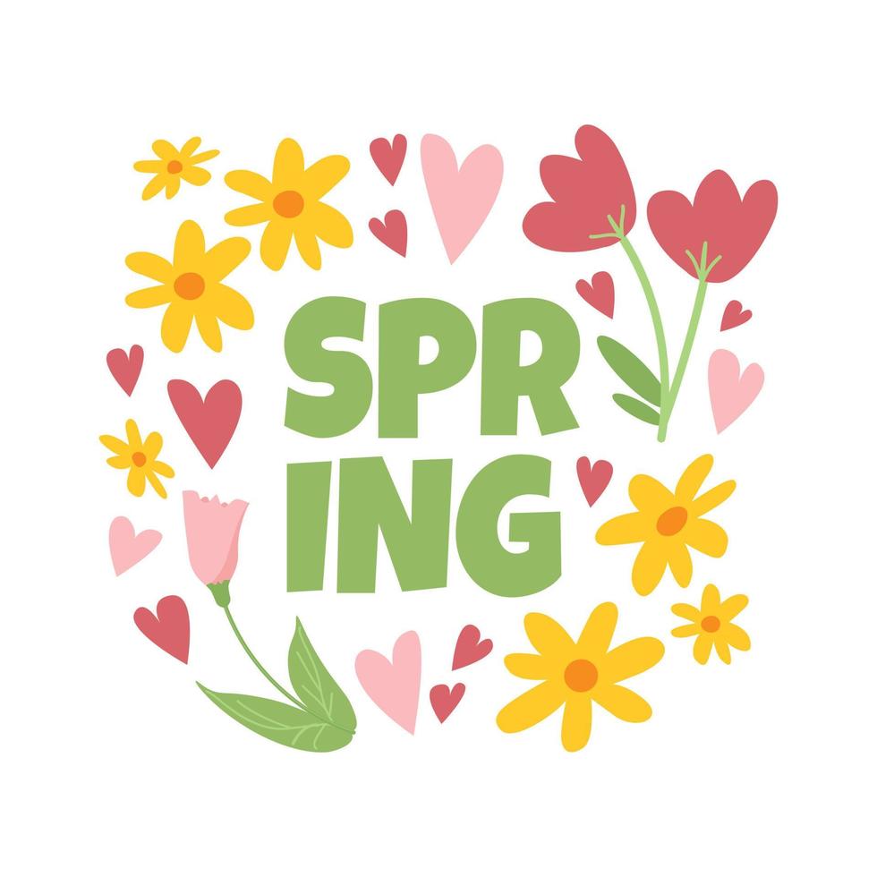 Cute Spring square greeting card with childish simple doodle flowers, leaves and hearts on white background. Hand drawn vector springtime social media template.