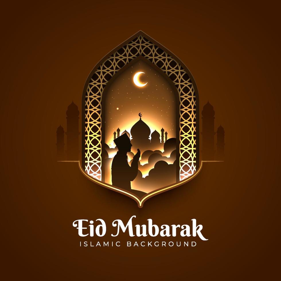 Glowing Eid Mubarak greeting card illustration with a man praying and mosque silhouette. Beautiful Islamic graphic design with a crescent moon, mosque gate at night, and light behind it vector