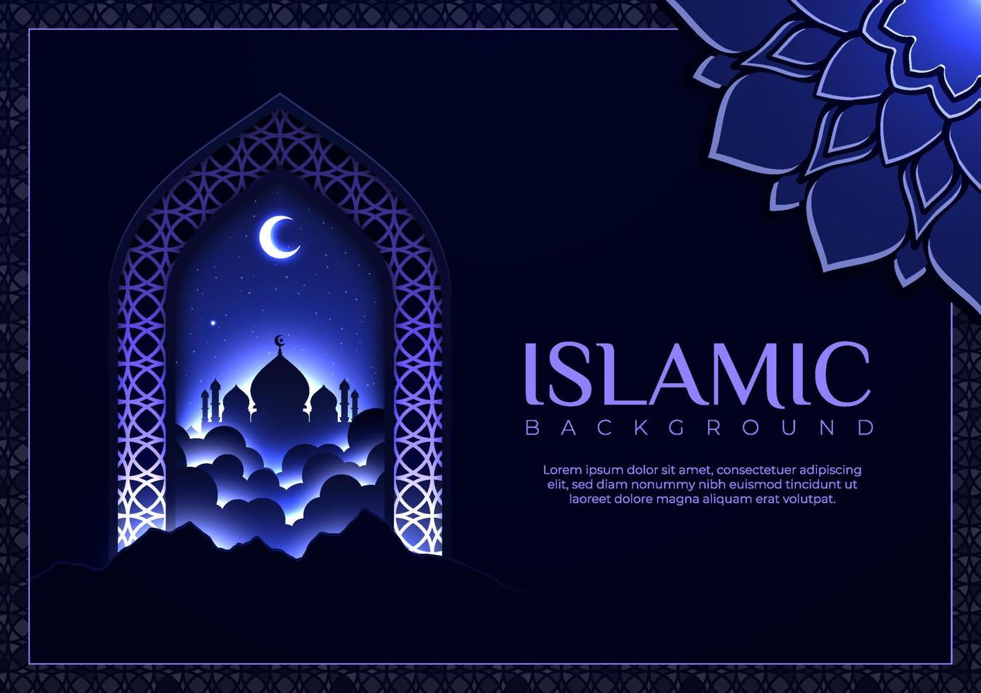 Luxury Islamic greeting card banner with beautiful flowers decoration on dark blue background. Invitation card template with Arabic ornament and mandala vector