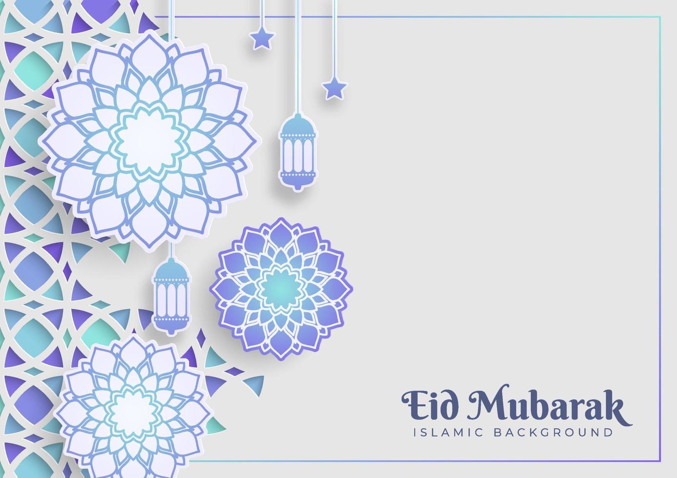 Eid al Fitr greeting card banner with beautiful flowers decoration on the white background. Islamic celebration template with Arabic ornament and mandala. Bright abstract background vector