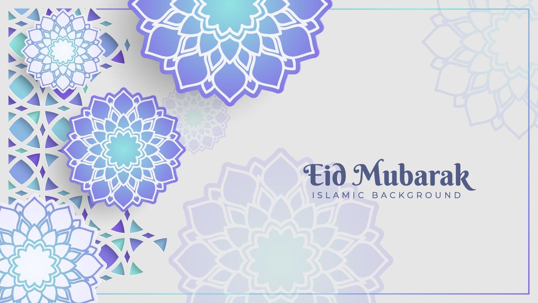 Eid al Fitr greeting card banner with beautiful flowers decoration on the white background. Islamic celebration template with Arabic ornament and mandala. Bright abstract background vector