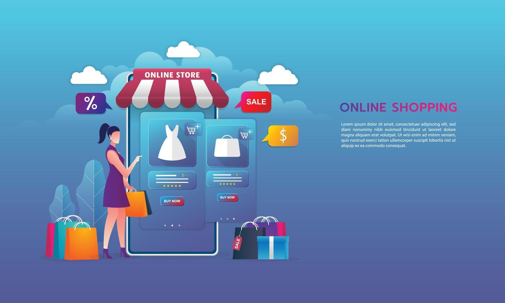 Online shopping on website E-commerce or mobile phone applications vector concepts and digital marketing. The woman is shopping on mobile phone. Vector flat design concept.