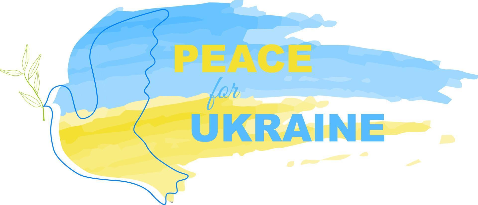Dove of peace with color of Ukrainian national flag. Inscription peace for Ukraine. Branch of olive tree. Stop russian aggression. Vector illustration