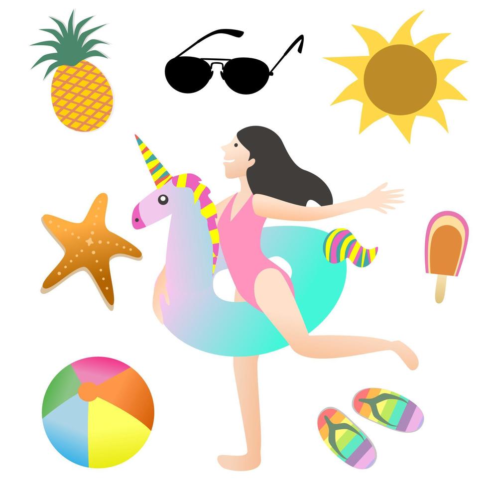 A cute cartoon girl with beach elements. vector