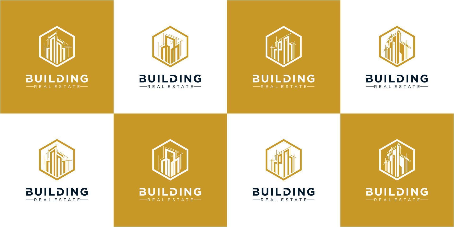 Set of building in hexagon logo design, building vector logo collections