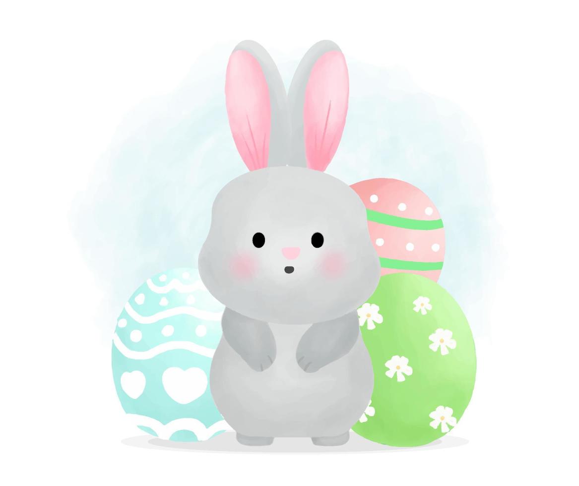 lindo conejito con ilustración de vector de huevo decorativo. tarjeta de pascua en estilo de color de agua