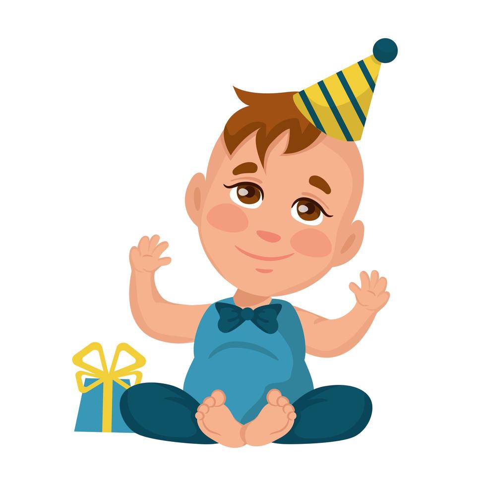 Baby Boy se regocija con un regalo de cumpleaños, aislar sobre fondo blanco - vector