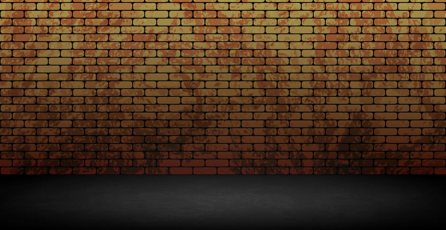 Stylish studio, panoramic red brick background with peeling paint, black textured floor - Vector