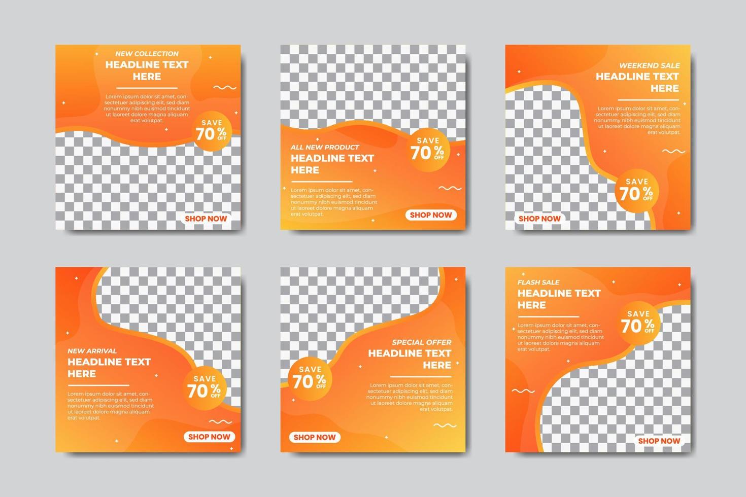Set of Editable square social media post banner template. Orange gradient background color with stripe line shape. Suitable for media post and web internet ads. Vector illustration with photo college