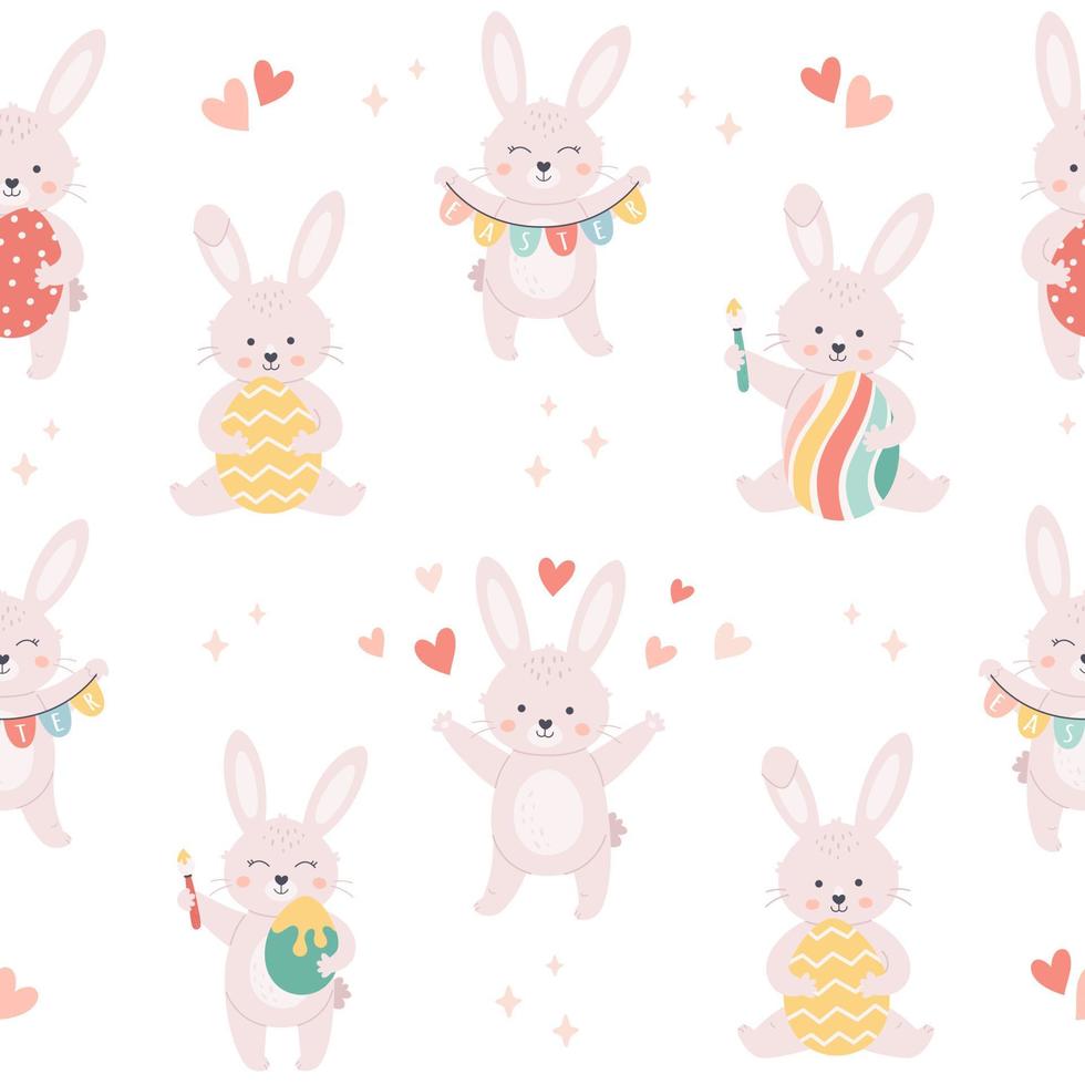 Easter bunny with Easter eggs seamless pattern. White rabbit. Happy Easter. vector