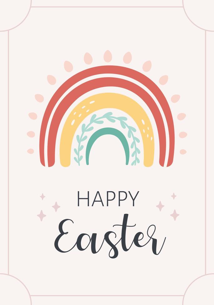 Happy Easter greeting card with rainbow and painted Easter eggs vector