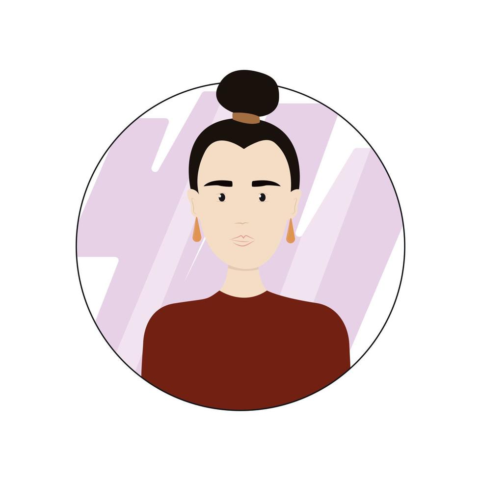 Linda chica avatar estilo plano, ilustración vectorial aislado sobre fondo blanco. retrato femenino, abstracción lila. mujer vestida de rojo con un peinado estricto vector