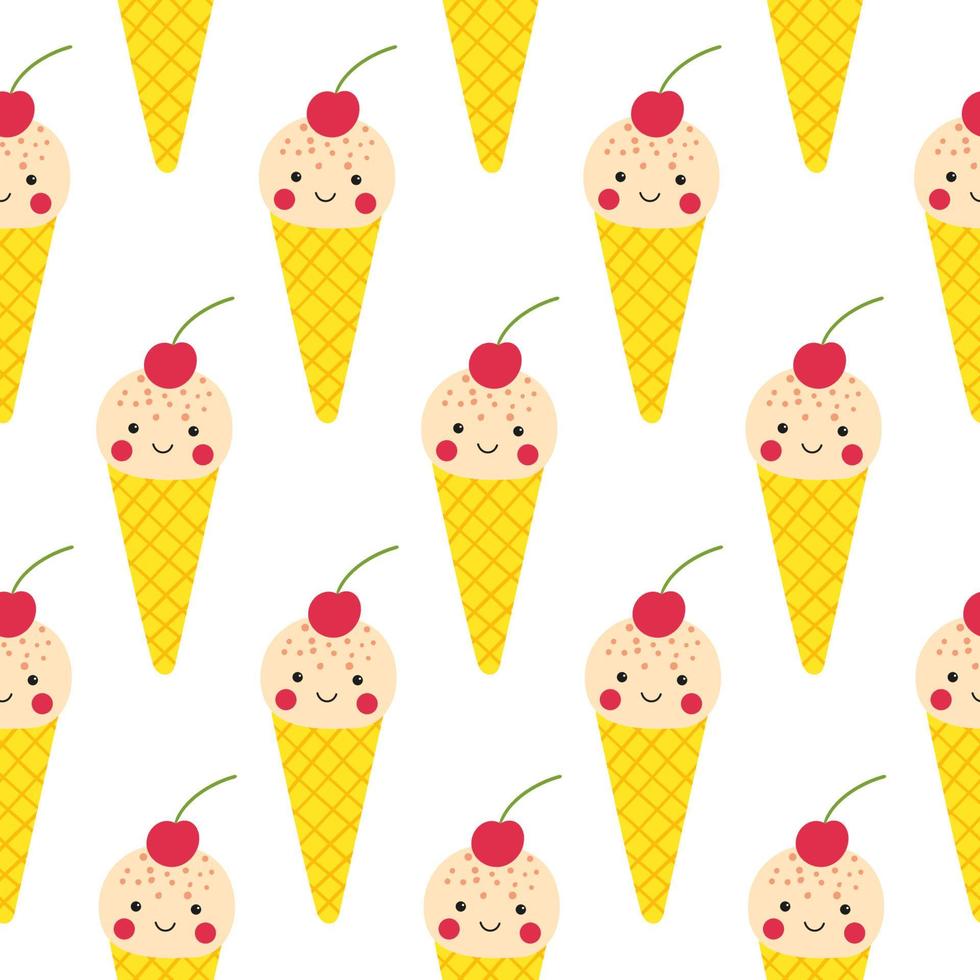 Cute childish pattern with vanilla ice cream in wafer cones. Funny vector sundae print for kids textile or wrapping paper